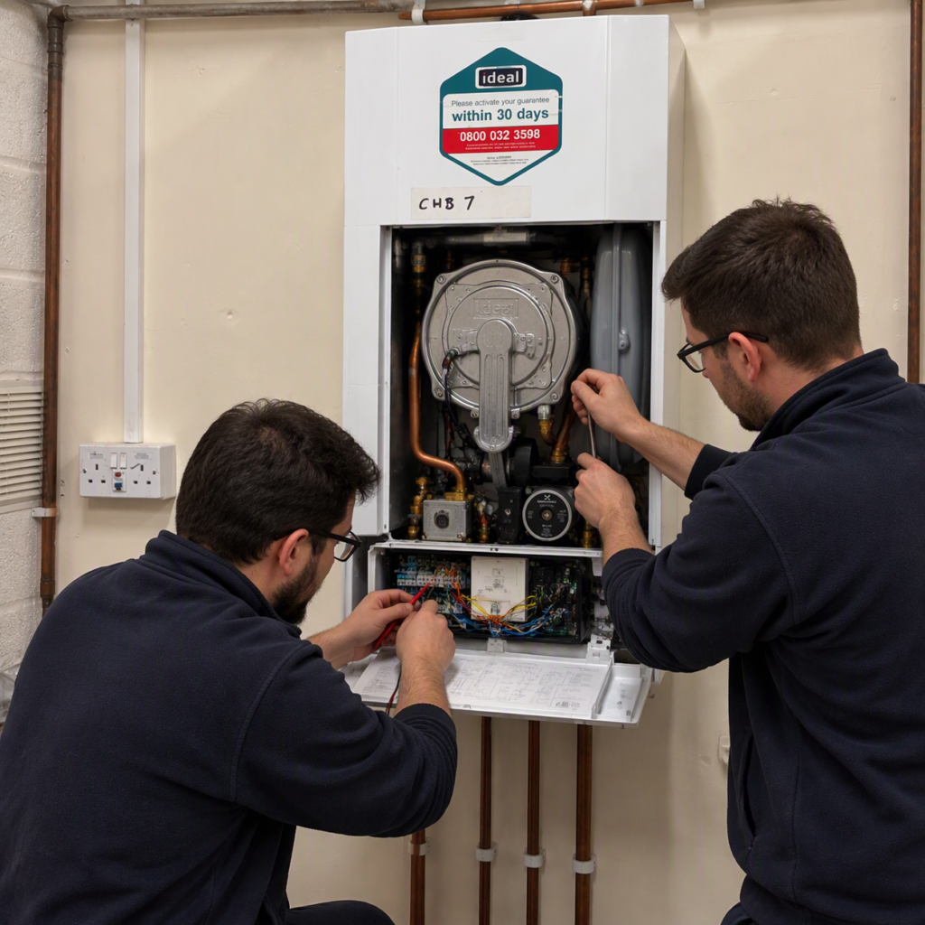 Two heating engineers carrying out maintenance work inside an open wall-mounted gas condensing boiler during practical boiler servicing and fault-finding training.