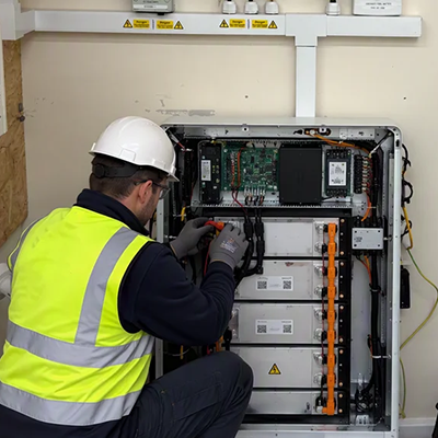 Technician in high-visibility safety wear installing a solar battery storage system and home EV charging point