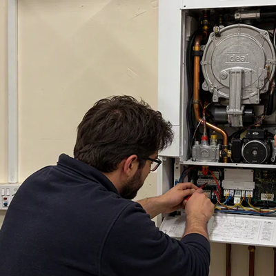 Two gas engineering trainees carrying out practical maintenance and wiring on an Ideal combi boiler.